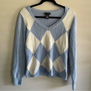 Rafaella Argyle Angora Rabbit Hair Blue White V-Neck Sweater Size Medium